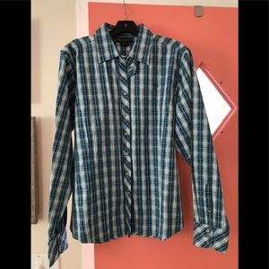 Ariat cotton navy and white plaid shirt.